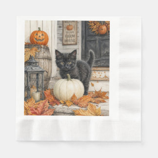 Süßes Farmhaus schwarze Katze und Kürbis Halloween Serviette