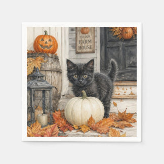 Süßes Farmhaus schwarze Katze und Kürbis Halloween Serviette