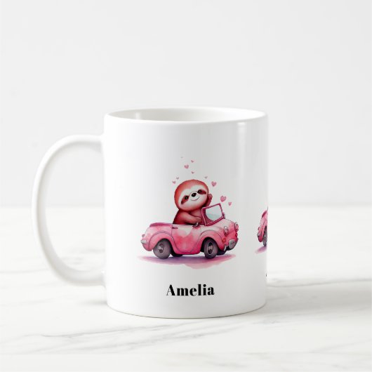 Süßes Faultier fährt Cabrio in Rosa Kaffeetasse (Links)