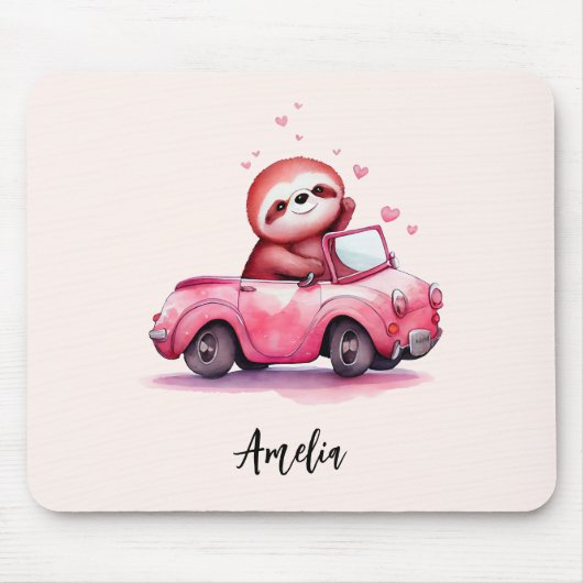 Süßes Faultier fährt Cabrio in Rosa Mousepad (Vorne)