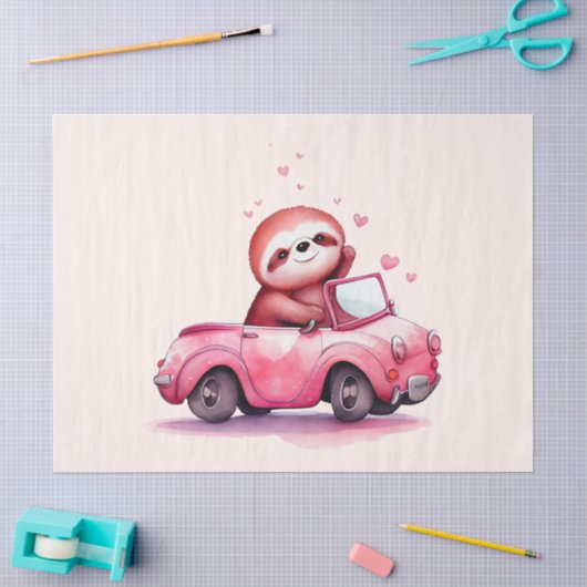 Süßes Faultier fährt Cabrio in Rosa Seidenpapier (Basteln)