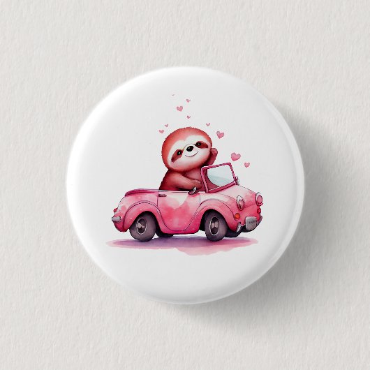 Süßes Faultier fährt ein rosa Cabrio Button (Vorderseite)