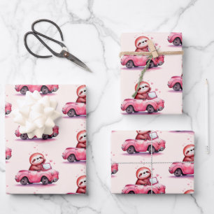 Süßes Faultier fährt ein rosa Cabrio Muster Geschenkpapier Set