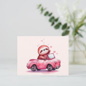 Süßes Faultier fährt ein rosa Cabrio Postkarte (Stehend Vorderseite)