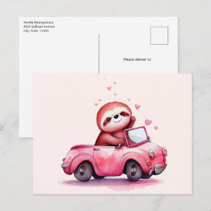 Süßes Faultier fährt ein rosa Cabrio Postkarte