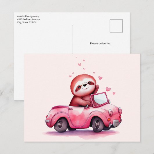 Süßes Faultier fährt ein rosa Cabrio Postkarte (Vorne/Hinten)