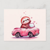 Süßes Faultier fährt ein rosa Cabrio Postkarte (Vorderseite)