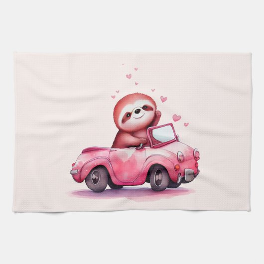 Süßes Faultier in einem rosa Cabrio Geschirrtuch (Horizontal)