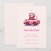 Süßes Faultier in einem rosa Cabrio Save The Date (Vorne/Hinten)