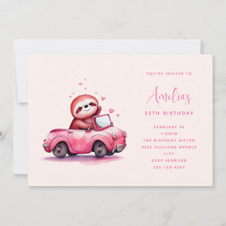 Süßes Faultier in einem rosa Cabrio zum Geburtstag Einladung