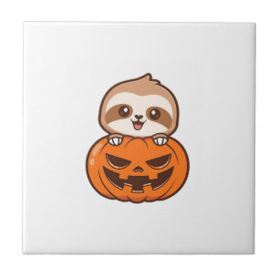 Süßes Faultier mit Kürbis Halloween Cartoon Vektor Fliese