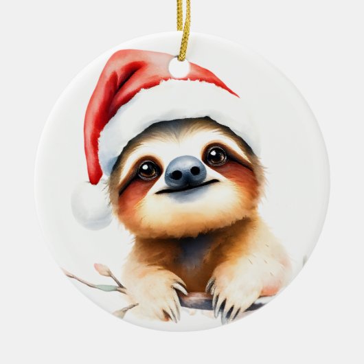 Süßes Faultier mit Weihnachtsmannmütze Keramik Ornament (Vorne)