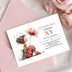 Süßes Feen-Mädchen 4. Geburtstag Rosa Blumen-Einla Einladung