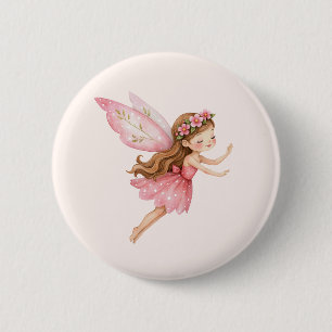 Süßes Feenmädchen in einem rosa Kleid, verspieltes Button