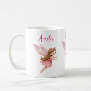Süßes Feenmädchen in einem rosa Kleid, verspieltes Kaffeetasse