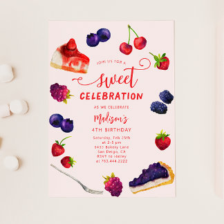 Süßes Feiern Berries und Kuchen Geburtstag Einladung