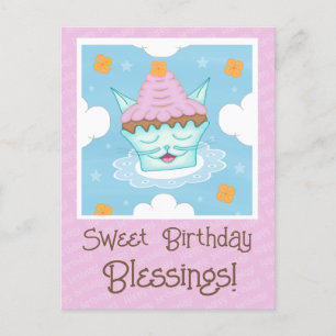 Süßes Fliegendes Kätzchen-Gesicht-Cupcake-Geburtst Postkarte