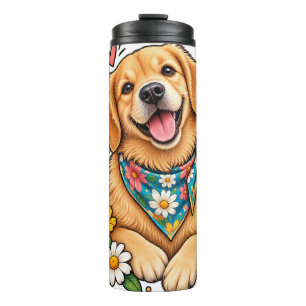 Süßes florales Golden Retriever-Digitaldesign mit Thermosbecher