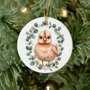 Süßes Fluffiges Pfirsich-Huhn und Eukalyptus-Weihn Keramik Ornament