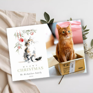 Süßes Foto Wasserfarbe Meowy Weihnachtsbaum Katze Feiertagskarte