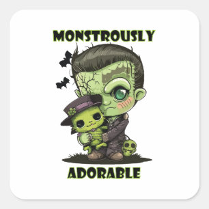 Süßes Frankenstein-Monster mit Plüsch Quadratischer Aufkleber