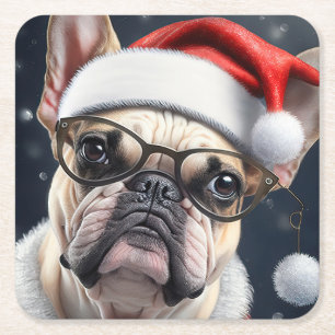 Süßes Französische Bulldogge Santa Weihnachtsfeier Rechteckiger Pappuntersetzer