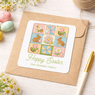 Süßes Fröhliches-Ostern-Hasen-Quilt-Muster  Quadratischer Aufkleber