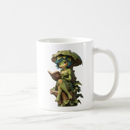 Süßes Froschmädchen liest Buch unter einem Blatt Kaffeetasse (Rechts)