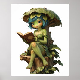 Süßes Froschmädchen liest Buch unter einem Blatt Poster