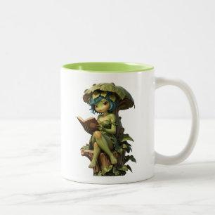 Süßes Froschmädchen liest Buch unter einem Blatt Zweifarbige Tasse