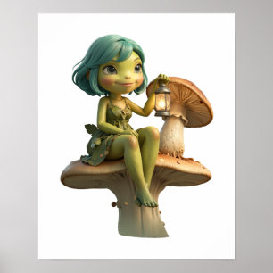 Süßes Froschmädchen mit Laterne auf Pilz Poster
