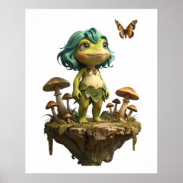 Süßes Froschmädchen zwischen Pilzen mit Schmetterl Poster