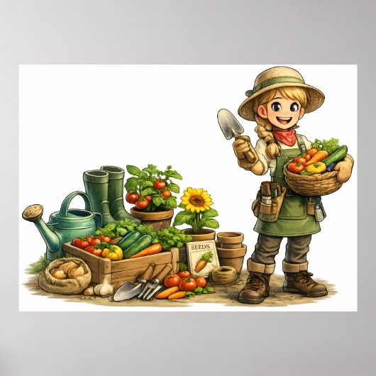 Süßes Gartemädchen beim Ernten von Gemüse Kunst Poster (Vorne)