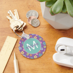 Süßes gepunktetes Blumenmuster Lila Personalisiert Schlüsselanhänger