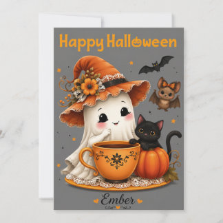 Süßes Gespenst und schwarze Katze Halloween-Design Einladung