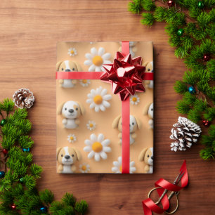 Süßes Gestricktes Welpen- und Gänseblümchen-Nahtlo Geschenkpapier