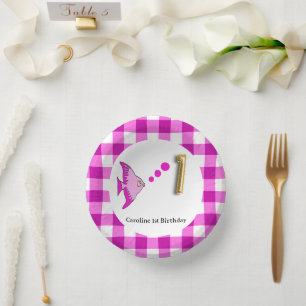 Süßes Gingham, Rosa Fisch & Ballon 1. Geburtstag Pappteller