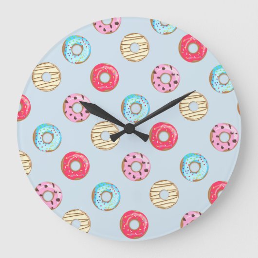 Süßes glasiertes Donut-Muster Hellblau Große Wanduhr (Vorderseite)