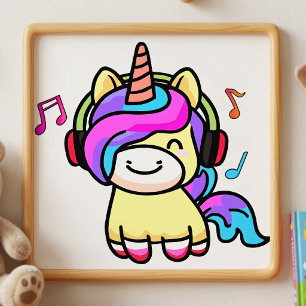 Süßes glückliches Kawaii-Baby-Einhorn mit Kopfhöre Fotodruck