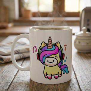 Süßes glückliches Kawaii-Baby-Einhorn mit Kopfhöre Kaffeetasse