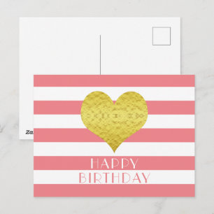 Süßes goldenes Herz Rosa und weißes Happy Birthday Postkarte