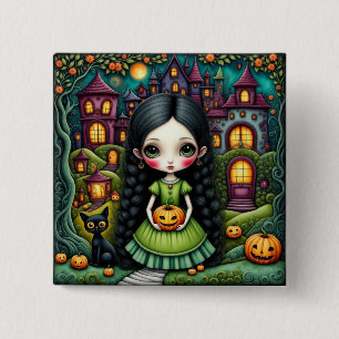 Süßes gothisches Mädchen-Kürbis-Halloween-Dorf Button