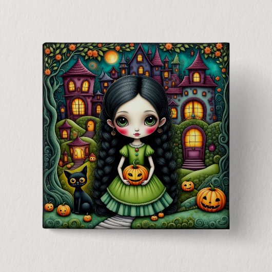 Süßes gothisches Mädchen-Kürbis-Halloween-Dorf Button (Vorderseite)