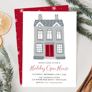 Süßes graues Haus mit roter Tür Holiday Open House Einladung