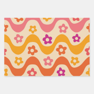 Süßes, grooviges Blumenmuster auf retro Wellen  Geschenkpapier Set