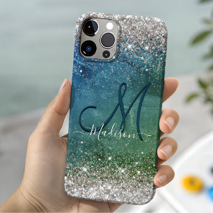 Süßes grün-blaues falsches Gold-Glitter-Monogramm Case-Mate iPhone 14 Hülle