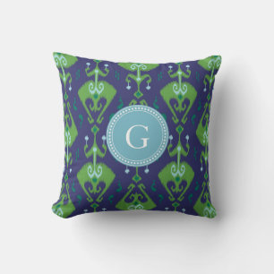 Süßes grün-blaues Ikat-Stammesmuster-Monogramm Kissen
