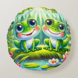 Süßes grünes Froschpaar - Whimsical-Naturgarten Rundes Kissen