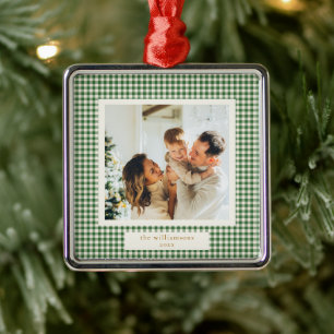Süßes grünes Gingham-Karo mit individuellem Foto W Ornament Aus Metall
