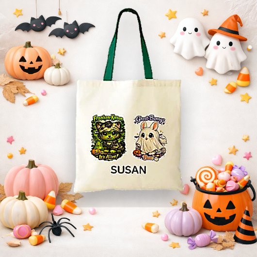 Süßes grünes Kawaii-Franken-Kätzchen-Süßes-oder-Sa Tragetasche